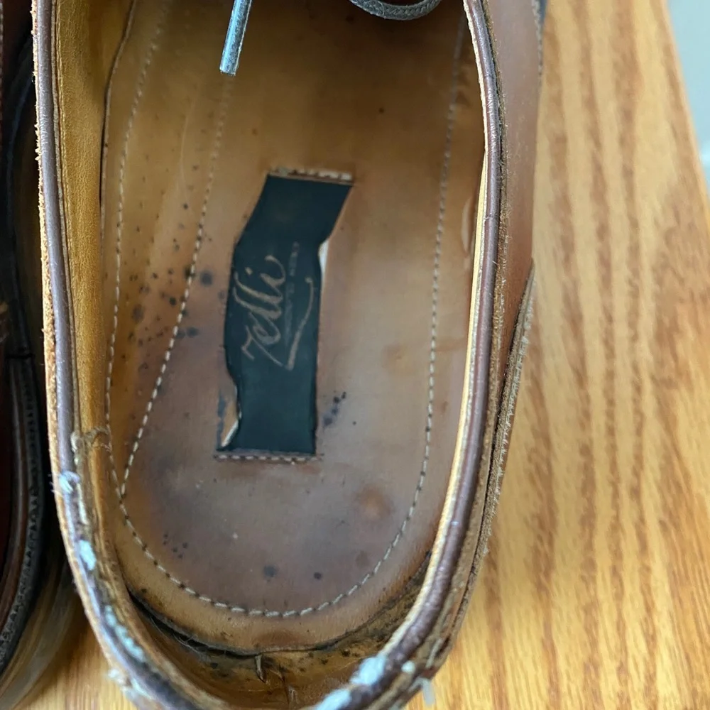 VINTAGE Zelli Cognac Pebbled Leather Moustache Clipper Split Apron Toe Derby 10M